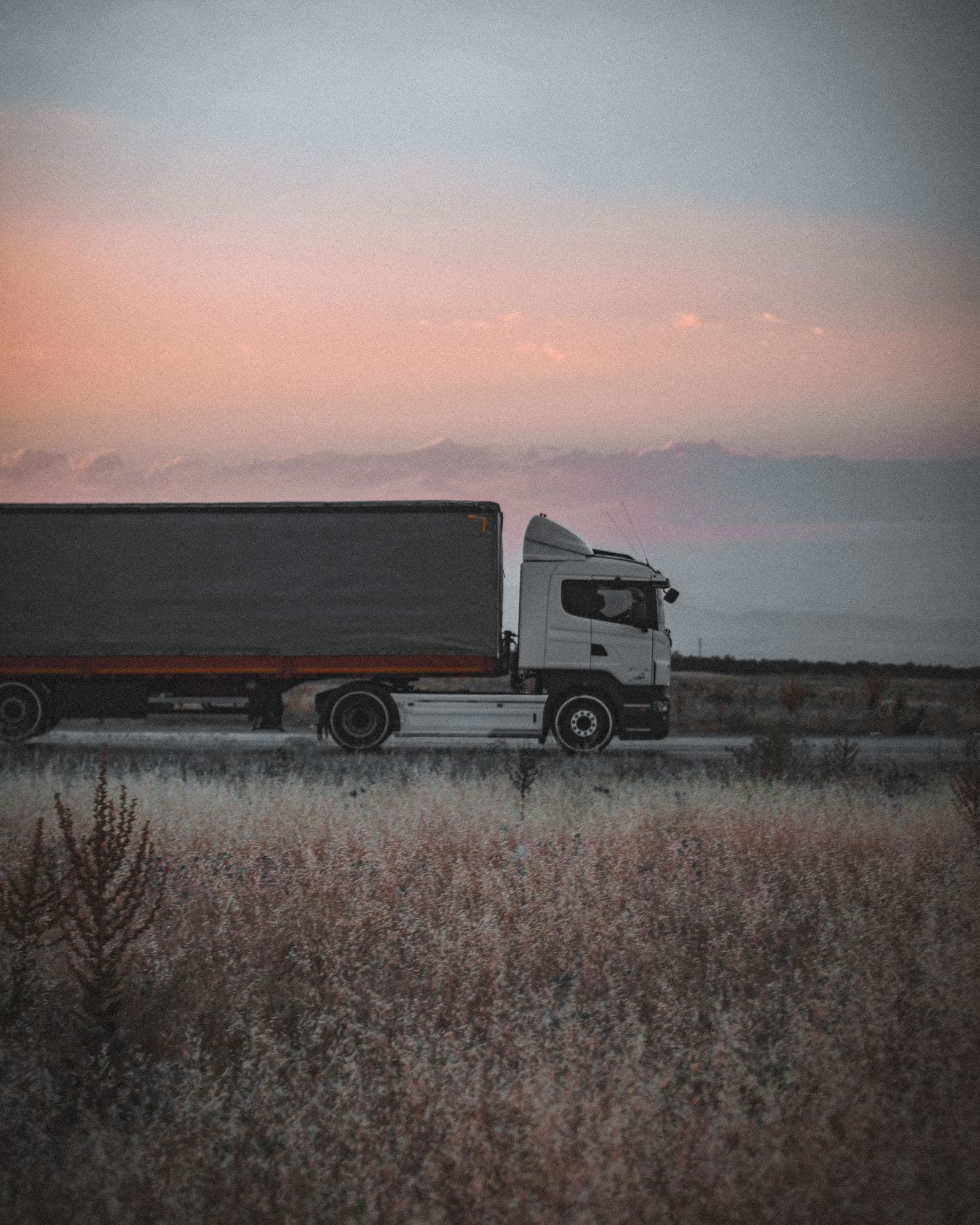 A semi truck in a field at dusk